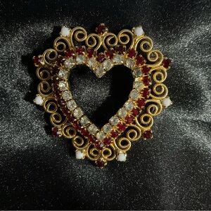 Valentine Brooch Ornate Gold, red, rhinestone and pearls 3069